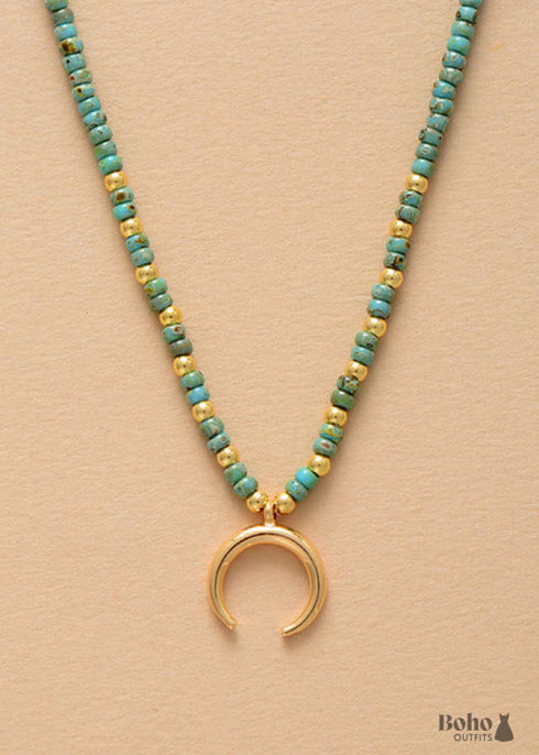 Boho Necklace, Seed Beads Gold Horn Evil Eye Heart Pendant